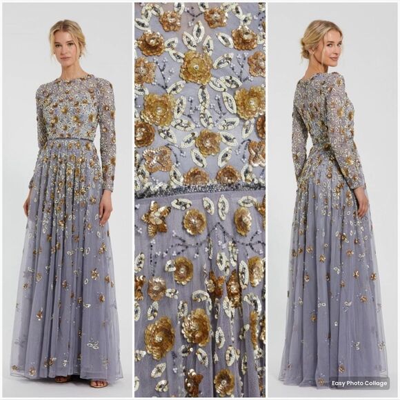 Mac Duggal 5533 Womens Embellished High Neck Long Sleeve Gown Dress Platinum - Picture 1 of 13